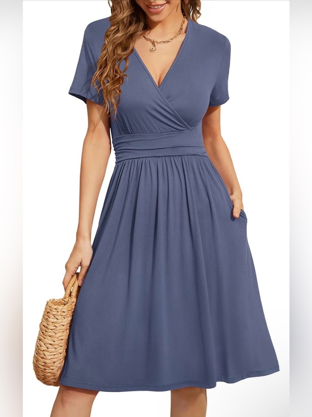 Women’s V-Neck Short Sleeve Midi Dress in Purple-Gray
